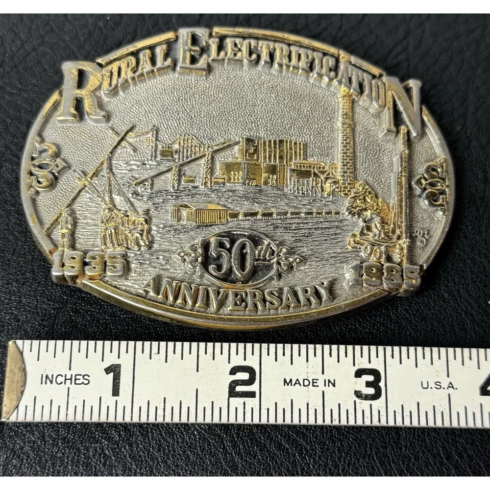 Rural Electrification Project Workers IBEW Solid Brass 1980's Belt Buckle Rare